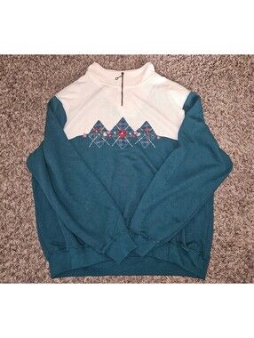 Alfred Dunner Vintage Teal Floral Quarter Zip Sweatshirt XL